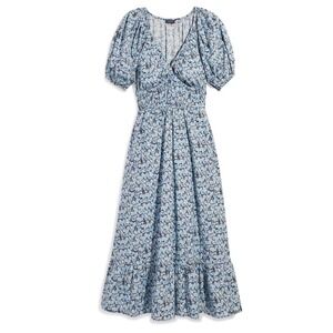 Vineyard Vines Marina Poplin V-Neck Midi Dress Floral Puff Sleeve Smocked  XS